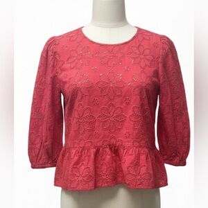 Halogen Red Eyelet Floral Peplum Blouse - Size Small Petite (SP)